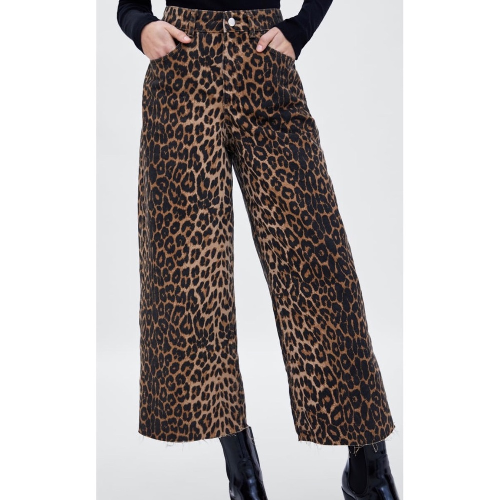 NEW Zara Leopard Mid-Rise Wide Leg Culotte Jeans - Picture 3 of 7